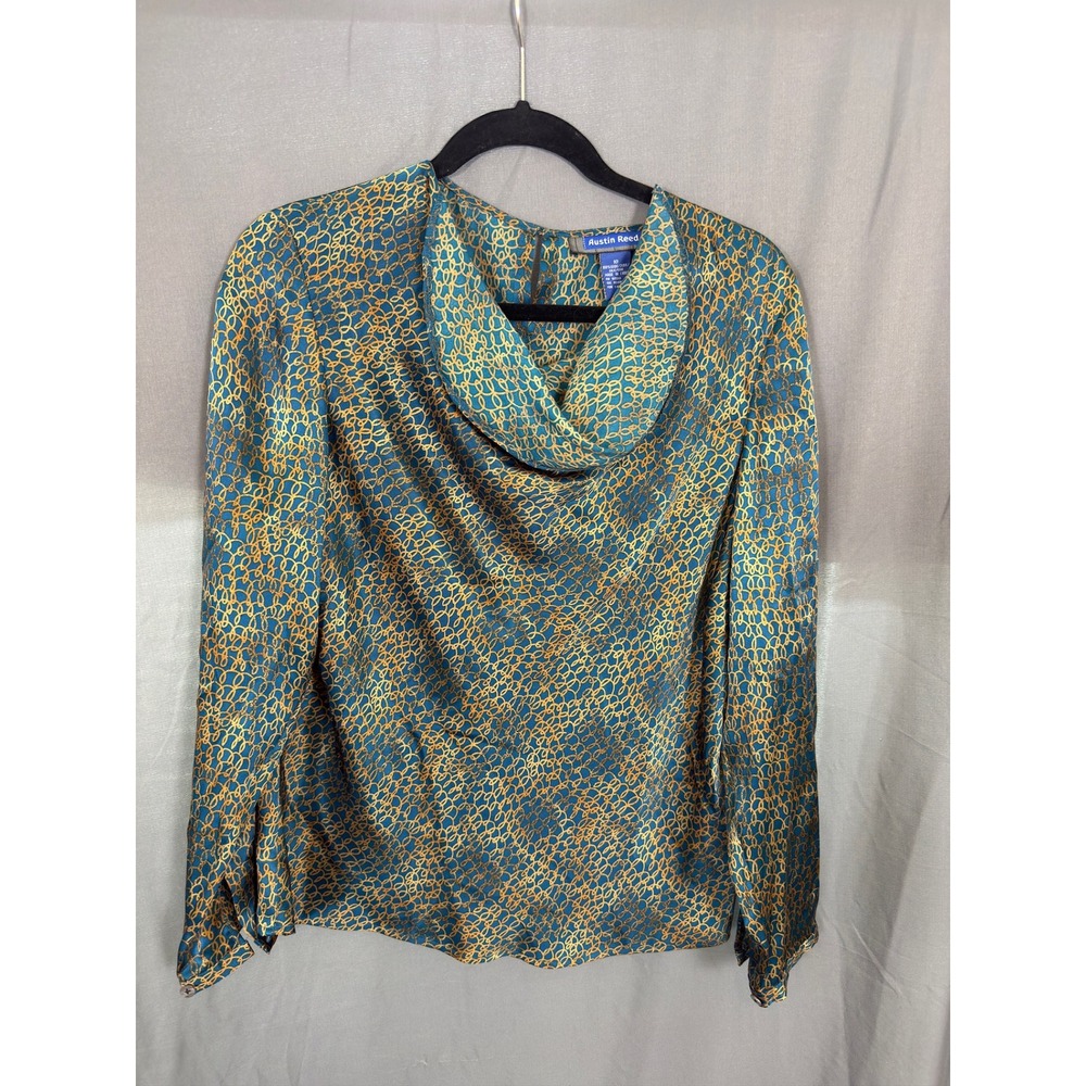 Austin Reed Womens Silk Blouse Teal Blue Gold Chain Link Cowl Neck Long Sleeve